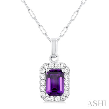 6x4 MM Octagonal Shape Amethyst and 1/6 Ctw Round Cut Diamond Halo Semi-Precious Pendant with Chain in 10K White Gold